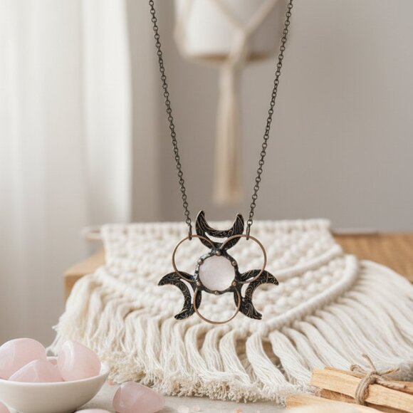 🆕️ Boho Chic Quartz Crescent Moon Bronze Finish Handcrafted Copper Necklace - Picture 6 of 11